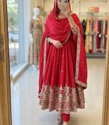Red chinon silk party wear embroidery anarkali suit set