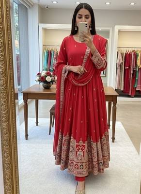 Red chinon silk party wear embroidery anarkali suit set 3