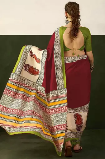 Red floral, paisely print soft pure cotton saree with blouse.