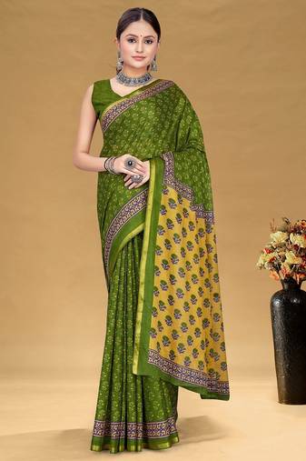 Green floral print muslin cotton saree with blouse.