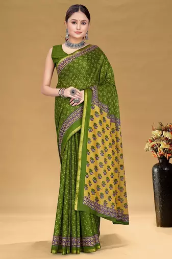 Green floral print muslin cotton saree with blouse.