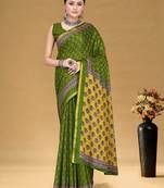 Green floral print muslin cotton saree with blouse.