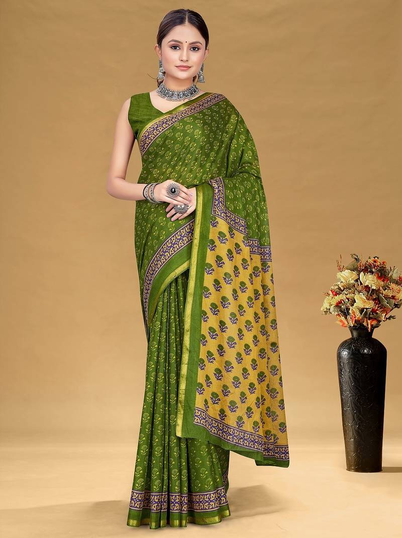 Green floral print muslin cotton saree with blouse.