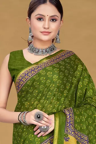Green floral print muslin cotton saree with blouse.