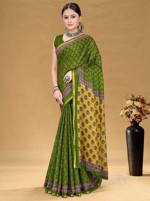 Green floral print muslin cotton saree with blouse. 3