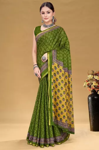 Green floral print muslin cotton saree with blouse.