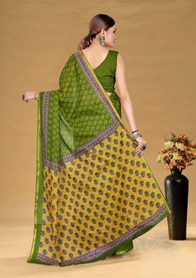 Green floral print muslin cotton saree with blouse. 4