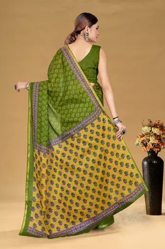 Green floral print muslin cotton saree with blouse.