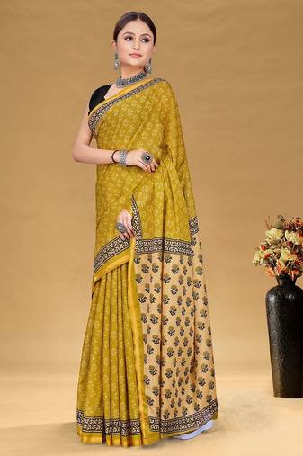 Mustard floral print muslin cotton saree with blouse.