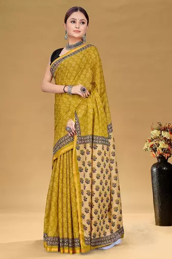 Mustard floral print muslin cotton saree with blouse.