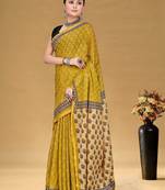 Mustard floral print muslin cotton saree with blouse.