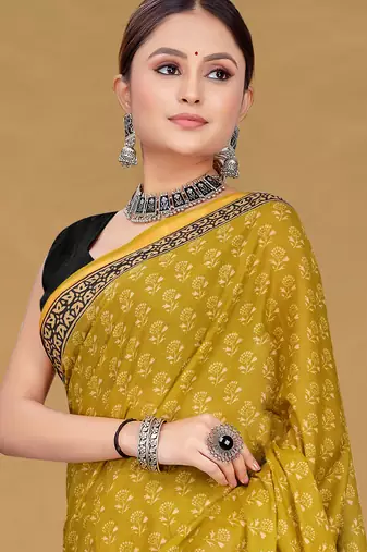 Mustard floral print muslin cotton saree with blouse.