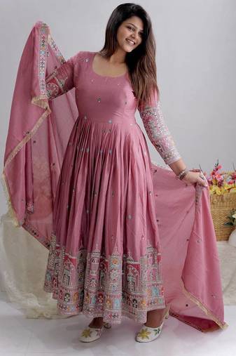 Pink chinon silk party wear embroidery anarkali suit set