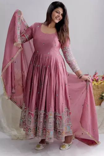 Pink chinon silk party wear embroidery anarkali suit set