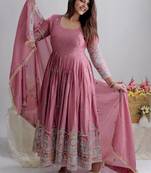 Pink chinon silk party wear embroidery anarkali suit set