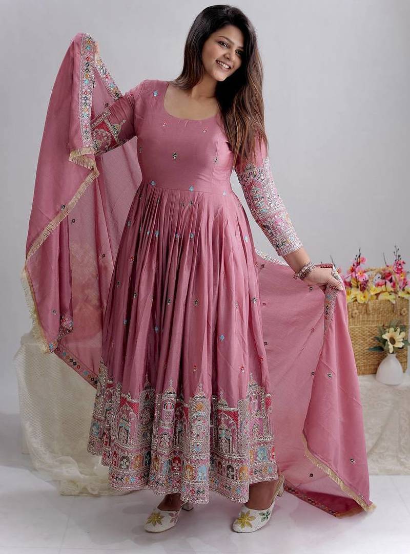 Pink chinon silk party wear embroidery anarkali suit set