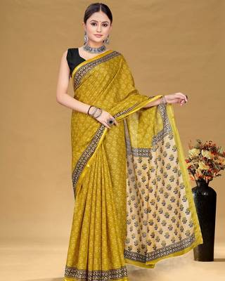 Mustard floral print muslin cotton saree with blouse. 3