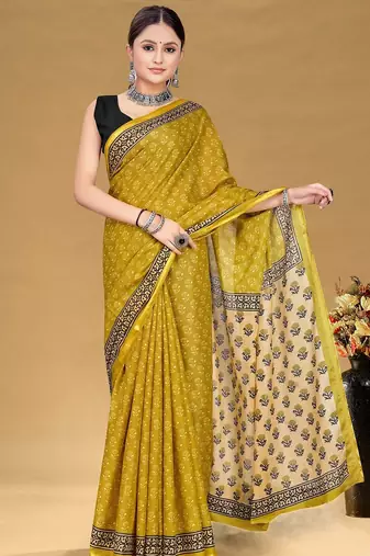 Mustard floral print muslin cotton saree with blouse.