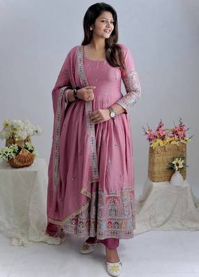 Pink chinon silk party wear embroidery anarkali suit set 3