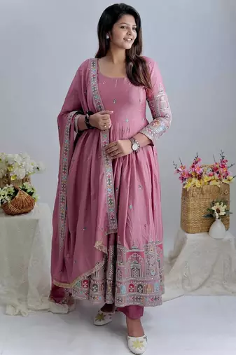 Pink chinon silk party wear embroidery anarkali suit set