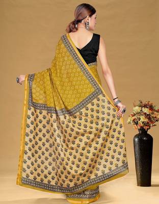 Mustard floral print muslin cotton saree with blouse. 4