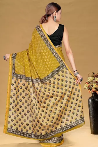 Mustard floral print muslin cotton saree with blouse.