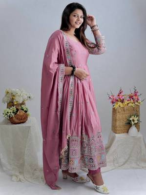 Pink chinon silk party wear embroidery anarkali suit set 4