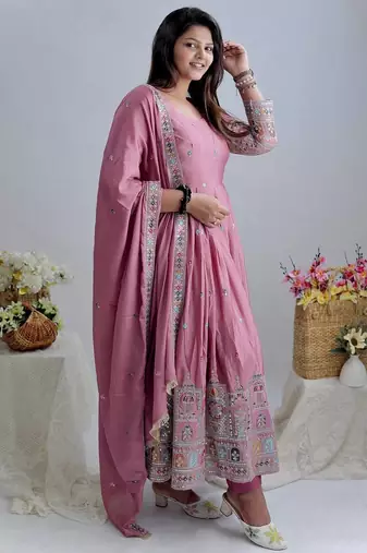 Pink chinon silk party wear embroidery anarkali suit set