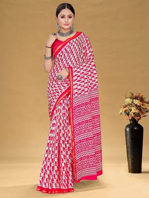 Pink floral print muslin cotton saree with blouse. 1