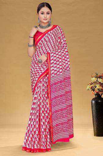 Pink floral print muslin cotton saree with blouse.