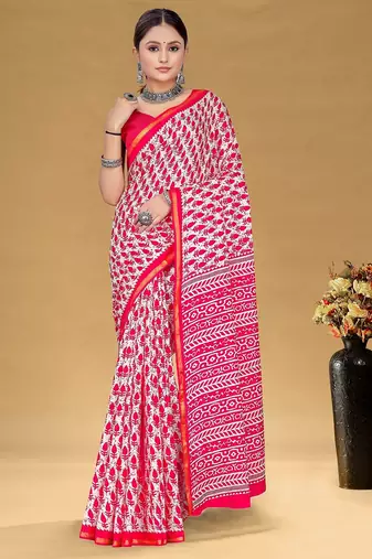 Pink floral print muslin cotton saree with blouse.