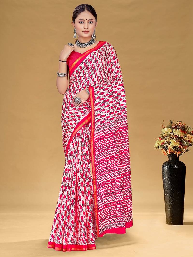 Pink floral print muslin cotton saree with blouse.