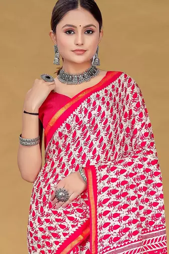 Pink floral print muslin cotton saree with blouse.