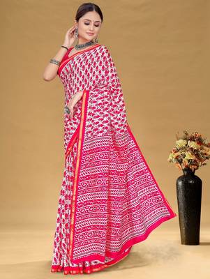 Pink floral print muslin cotton saree with blouse. 3
