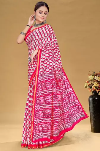 Pink floral print muslin cotton saree with blouse.