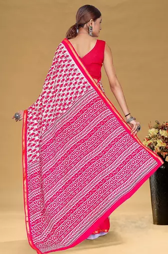 Pink floral print muslin cotton saree with blouse.
