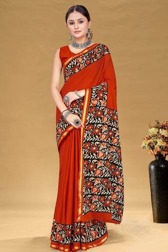 Rust floral print muslin cotton saree with blouse.