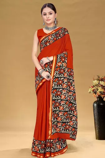 Rust floral print muslin cotton saree with blouse.