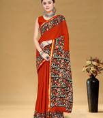Rust floral print muslin cotton saree with blouse.