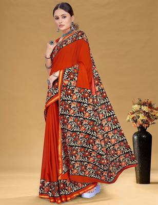 Rust floral print muslin cotton saree with blouse. 3