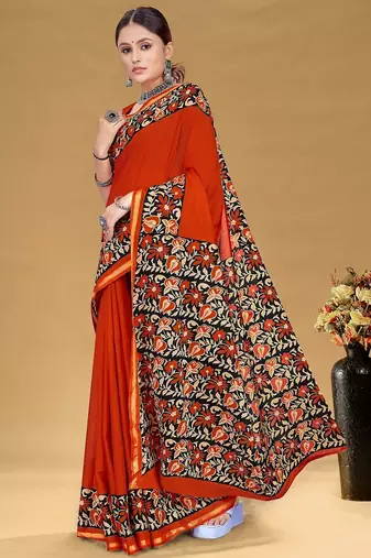 Rust floral print muslin cotton saree with blouse.