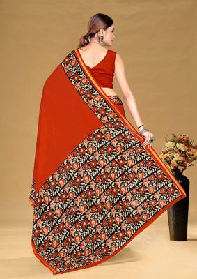 Rust floral print muslin cotton saree with blouse. 4