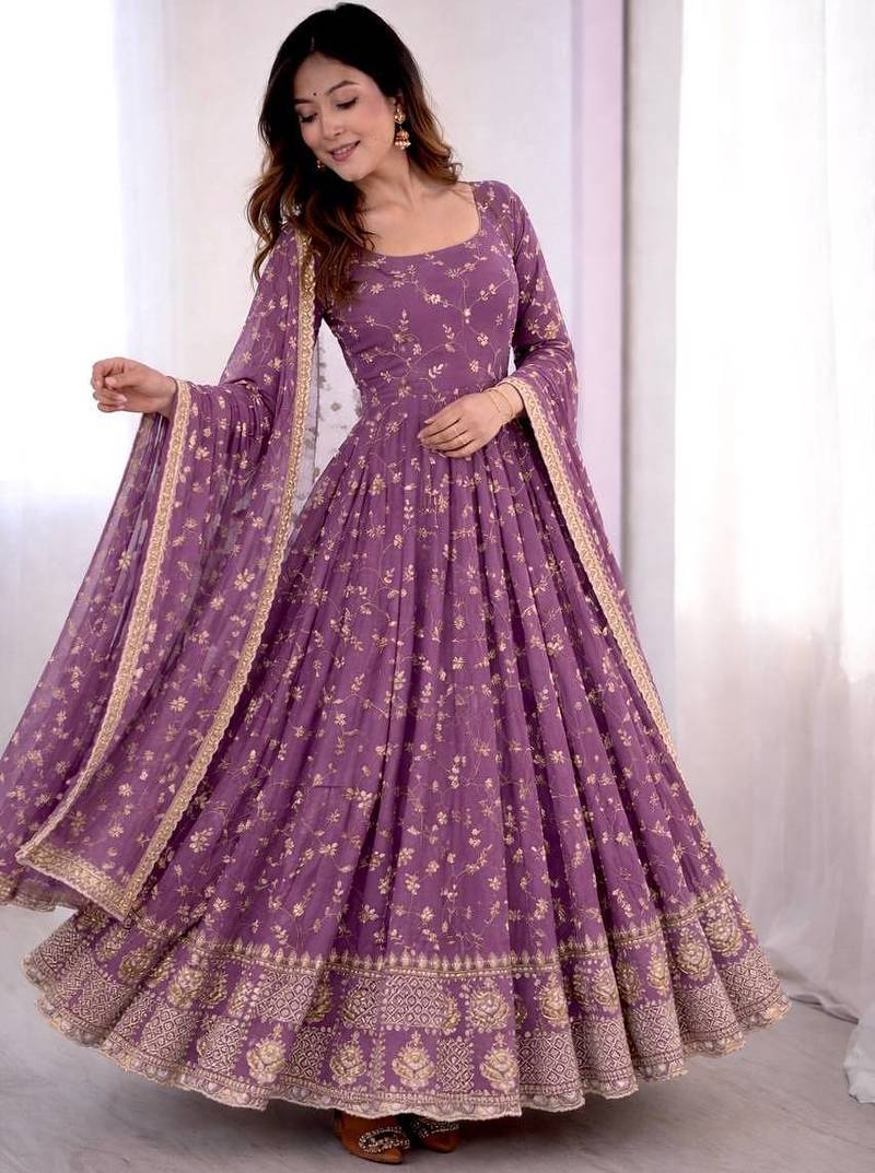 Light purple georgette party wear embroidery suit set