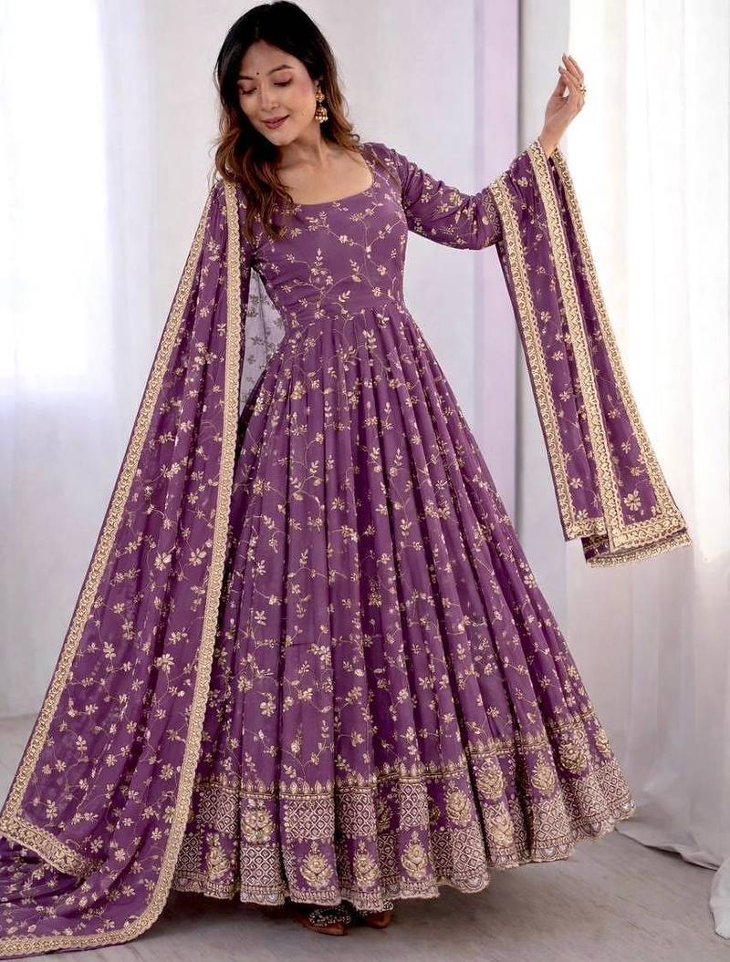 Light purple georgette party wear embroidery suit set