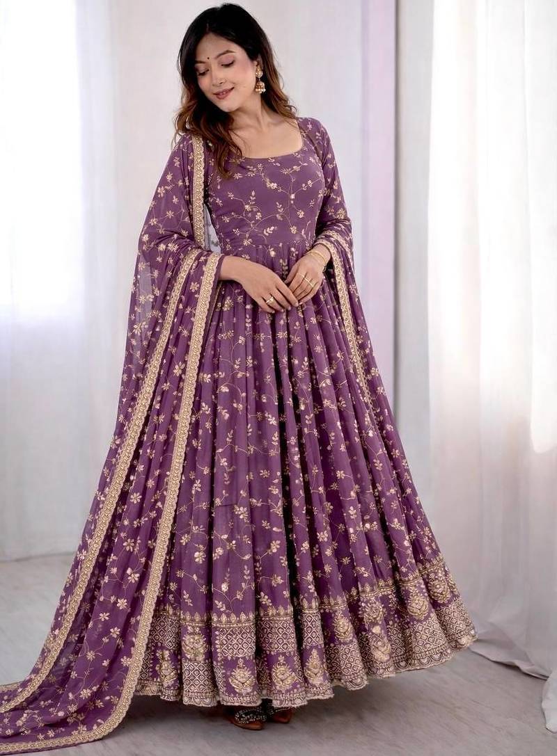 Light purple georgette party wear embroidery suit set