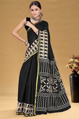 Black floral print muslin cotton saree with blouse.