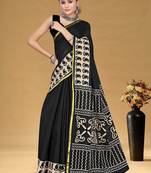 Black floral print muslin cotton saree with blouse.