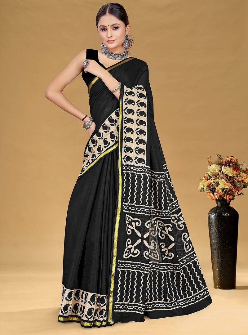 Black floral print muslin cotton saree with blouse.