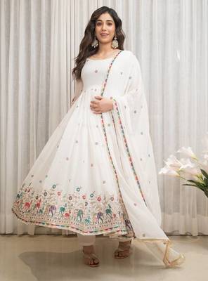White georgette party wear embroidery suit set 1