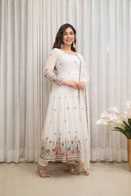 White georgette party wear embroidery suit set 2